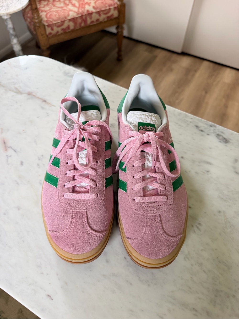 adidas Women’s Pink Suede Sneakers with Green Stripes - Picture 2 of 4